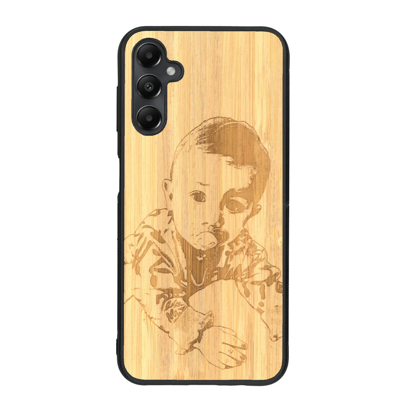 Coque de protection en bois véritable fabriquée en France pour Samsung A15 avec gravure personnalisée à partir d'une photo, d'une image, d'un logo, des initials ou d'une phrase