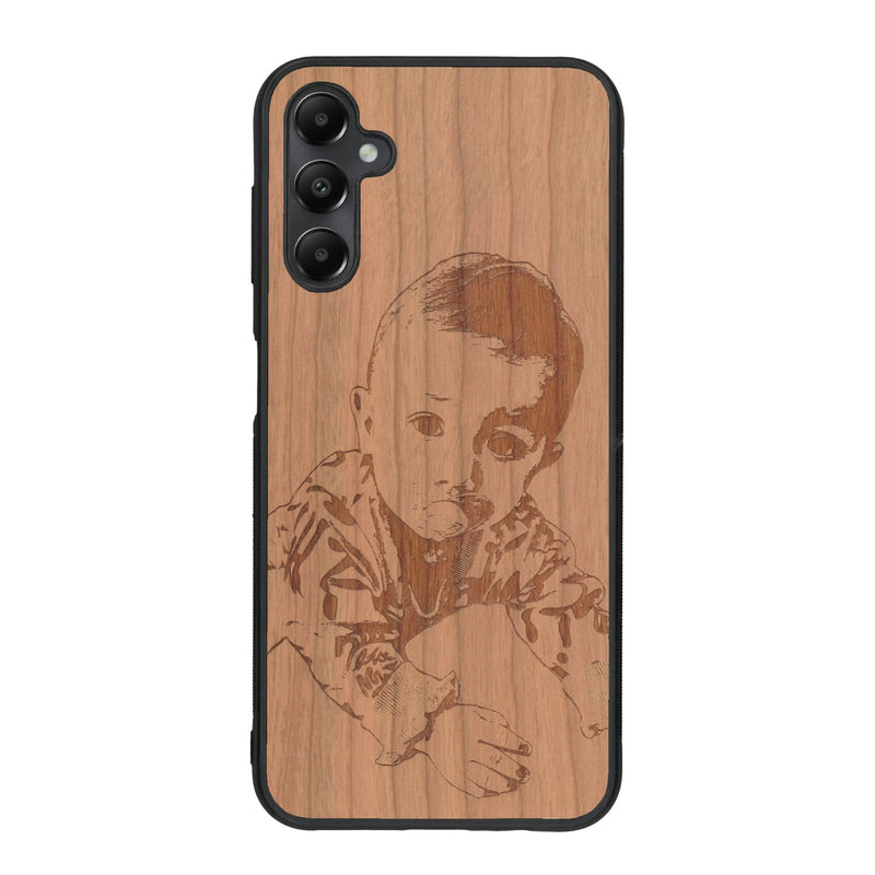 Coque de protection en bois véritable fabriquée en France pour Samsung A15 avec gravure personnalisée à partir d'une photo, d'une image, d'un logo, des initials ou d'une phrase