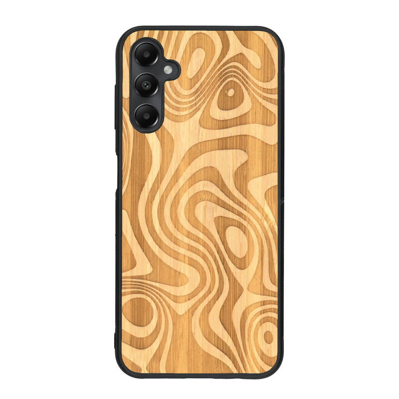 Coque de protection en bois véritable fabriquée en France pour Samsung A15 avec un motif abstrait représentant les mouvements de l'eau