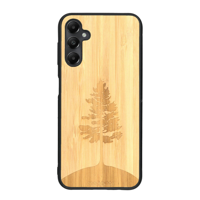 Coque de protection en bois véritable fabriquée en France pour Samsung A15 sur le thème de la nature, de la fôret et de l'écoresponsabilité avec une gravure représentant un arbre 