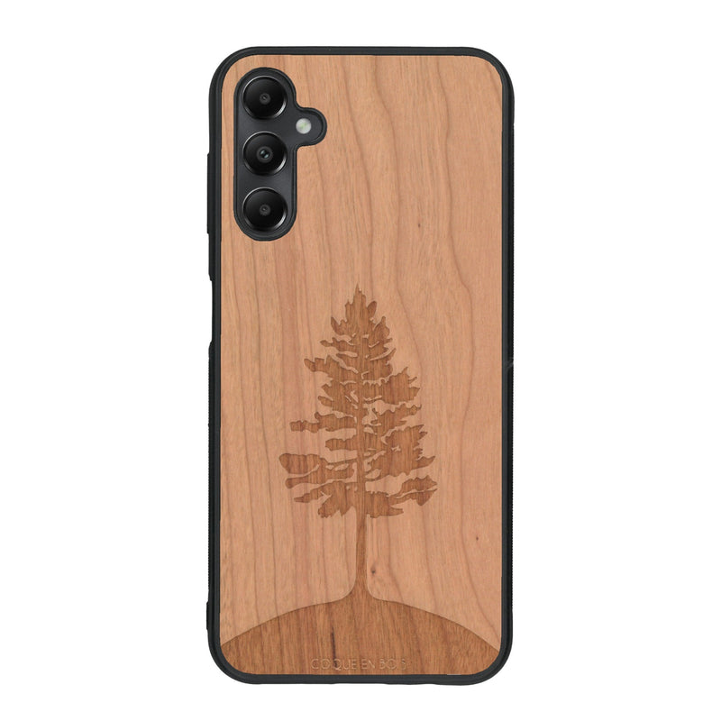 Coque de protection en bois véritable fabriquée en France pour Samsung A15 sur le thème de la nature, de la fôret et de l'écoresponsabilité avec une gravure représentant un arbre 