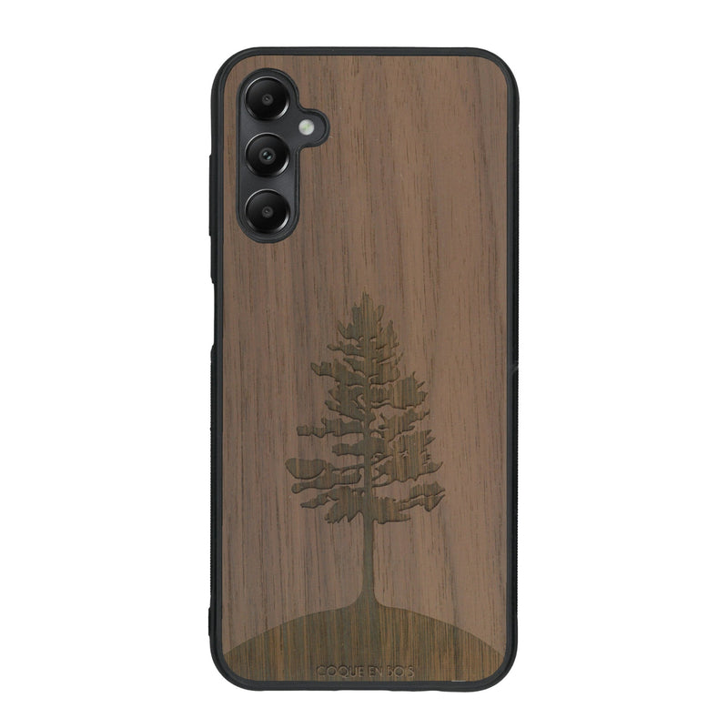 Coque de protection en bois véritable fabriquée en France pour Samsung A15 sur le thème de la nature, de la fôret et de l'écoresponsabilité avec une gravure représentant un arbre 