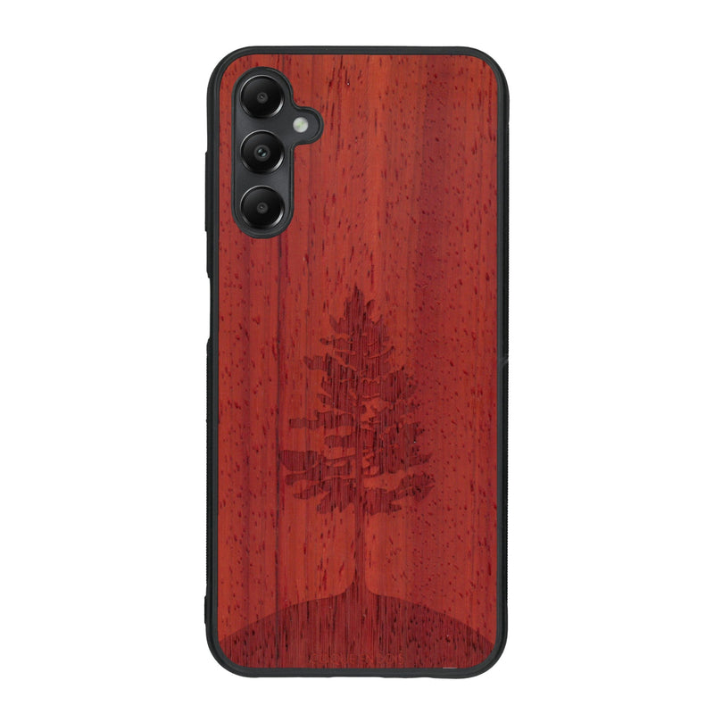 Coque de protection en bois véritable fabriquée en France pour Samsung A15 sur le thème de la nature, de la fôret et de l'écoresponsabilité avec une gravure représentant un arbre 