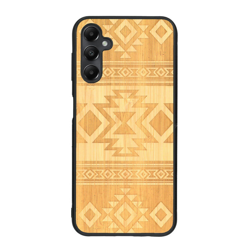 Coque de protection en bois véritable fabriquée en France pour Samsung A15 avec des motifs géométriques s'inspirant des temples aztèques, mayas et incas