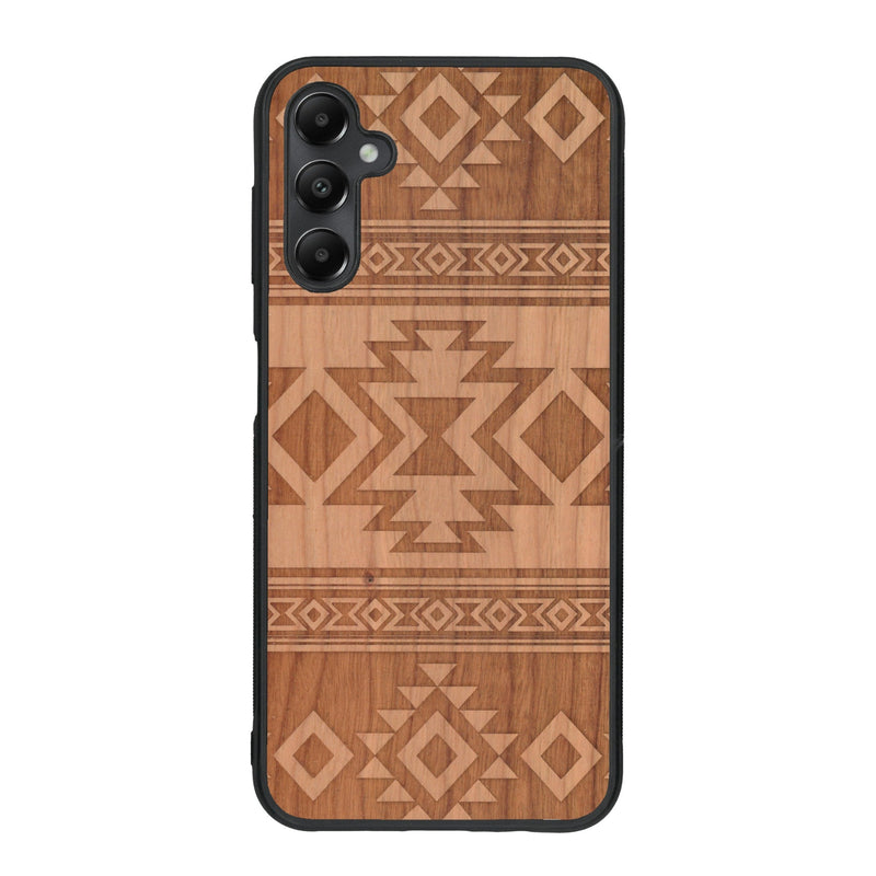 Coque de protection en bois véritable fabriquée en France pour Samsung A15 avec des motifs géométriques s'inspirant des temples aztèques, mayas et incas