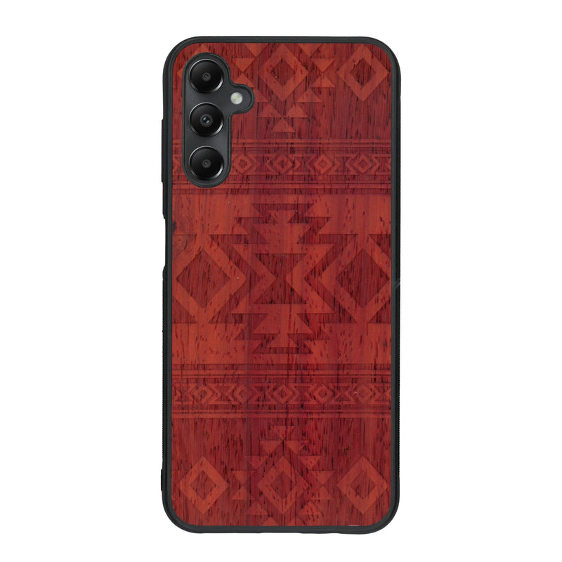 Coque de protection en bois véritable fabriquée en France pour Samsung A15 avec des motifs géométriques s'inspirant des temples aztèques, mayas et incas