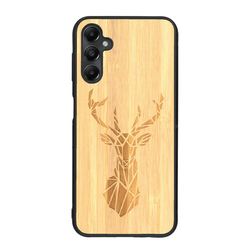 Coque de protection en bois véritable fabriquée en France pour Samsung A15 sur le thème de la nature et des animaux représentant une tête de cerf gométrique avec un design moderne et minimaliste