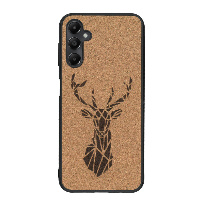 Coque de protection en bois véritable fabriquée en France pour Samsung A15 sur le thème de la nature et des animaux représentant une tête de cerf gométrique avec un design moderne et minimaliste