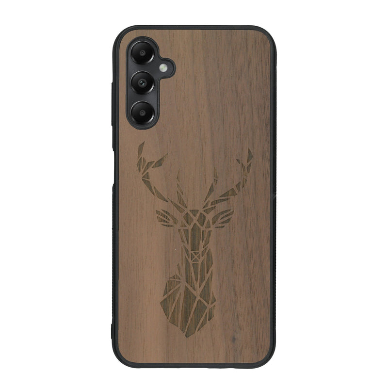 Coque de protection en bois véritable fabriquée en France pour Samsung A15 sur le thème de la nature et des animaux représentant une tête de cerf gométrique avec un design moderne et minimaliste