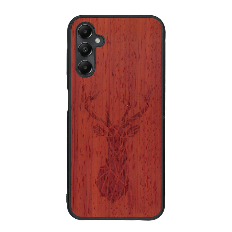 Coque de protection en bois véritable fabriquée en France pour Samsung A15 sur le thème de la nature et des animaux représentant une tête de cerf gométrique avec un design moderne et minimaliste