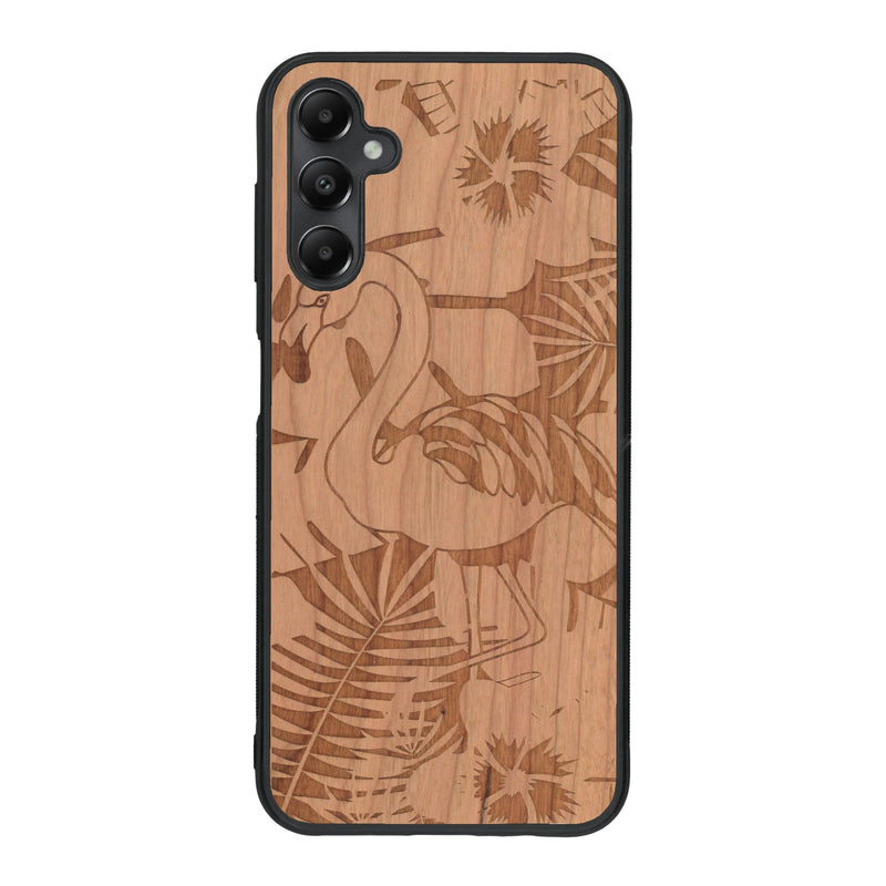 Coque de protection en bois véritable fabriquée en France pour Samsung A15 sur le thème de la nature et des animaux représentant un flamant rose entre des fougères