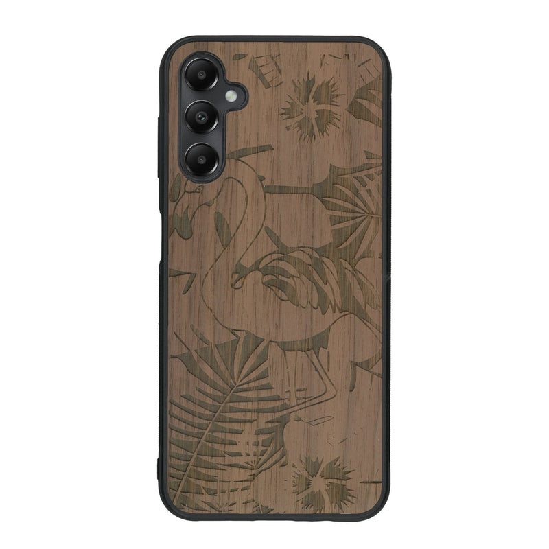 Coque de protection en bois véritable fabriquée en France pour Samsung A15 sur le thème de la nature et des animaux représentant un flamant rose entre des fougères