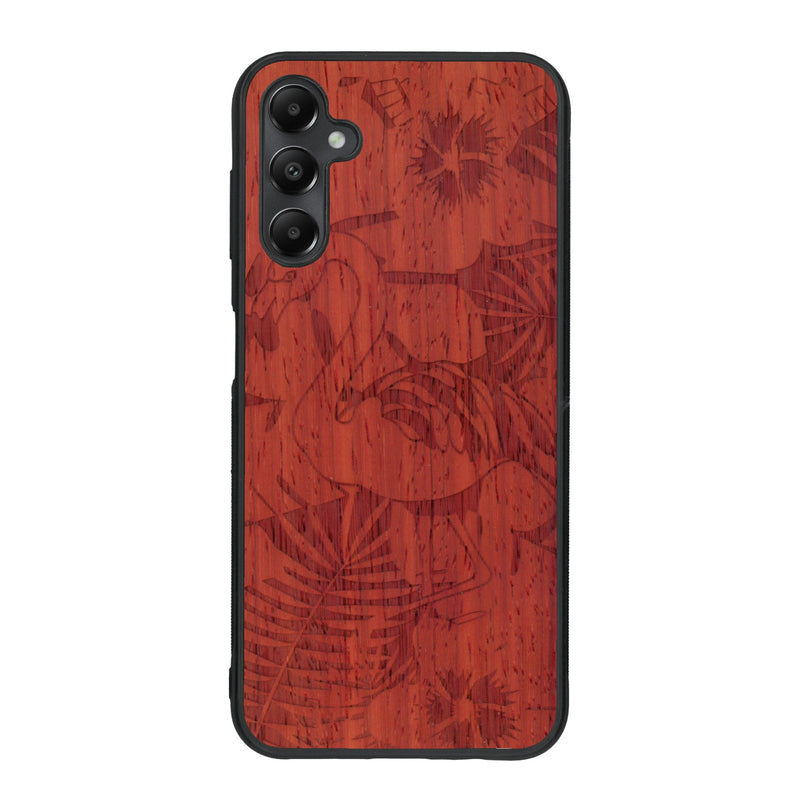 Coque de protection en bois véritable fabriquée en France pour Samsung A15 sur le thème de la nature et des animaux représentant un flamant rose entre des fougères