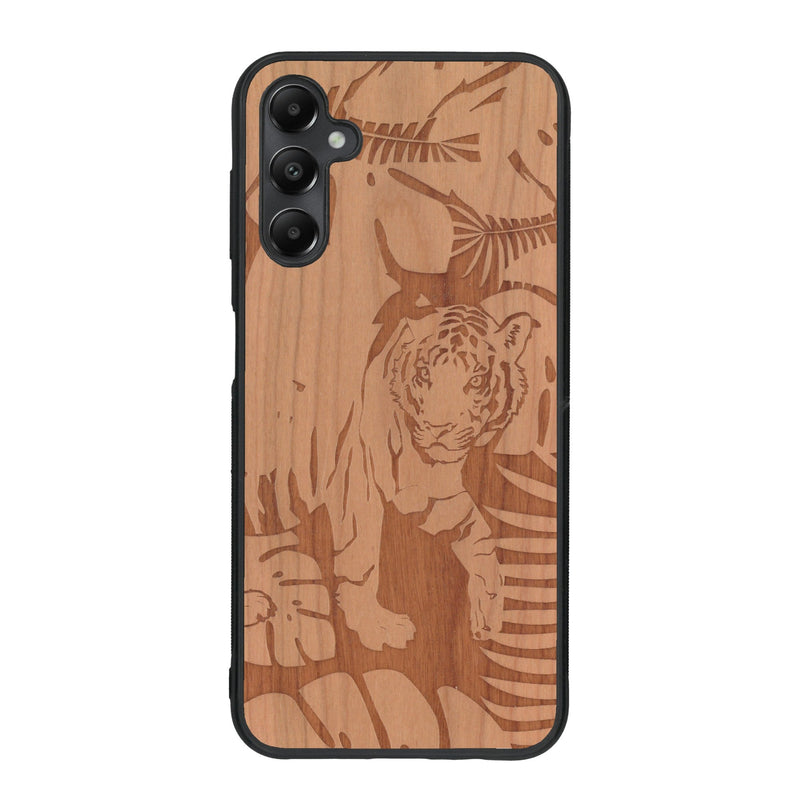 Coque de protection en bois véritable fabriquée en France pour Samsung A15 sur le thème de la nature et des animaux représentant un tigre dans la jungle entre des fougères