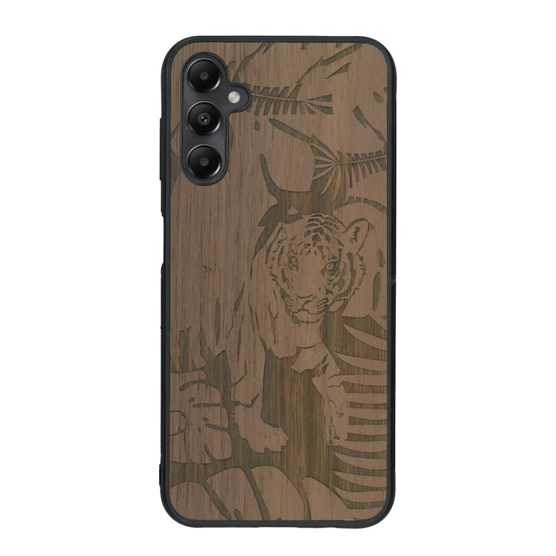 Coque de protection en bois véritable fabriquée en France pour Samsung A15 sur le thème de la nature et des animaux représentant un tigre dans la jungle entre des fougères