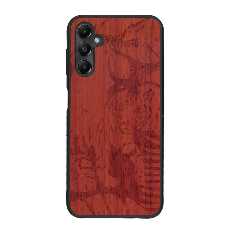 Coque de protection en bois véritable fabriquée en France pour Samsung A15 sur le thème de la nature et des animaux représentant un tigre dans la jungle entre des fougères