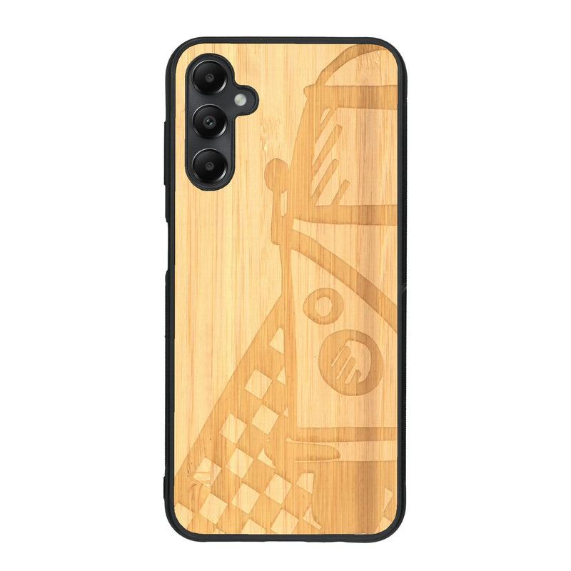 Coque de protection en bois véritable fabriquée en France pour Samsung A15 sur le thème du voyage avec un van combi