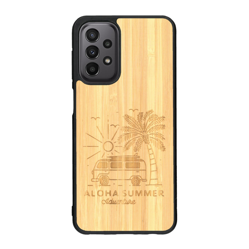 Coque de protection en bois véritable fabriquée en France pour Samsung A23 sur le thème de la plage, de l'été et vanlife.