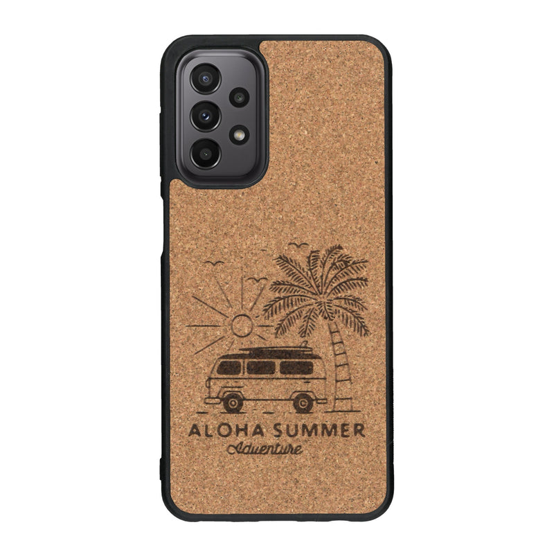 Coque de protection en bois véritable fabriquée en France pour Samsung A23 sur le thème de la plage, de l'été et vanlife.