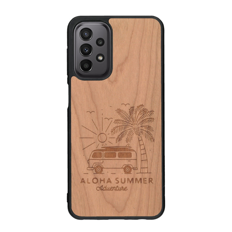 Coque de protection en bois véritable fabriquée en France pour Samsung A23 sur le thème de la plage, de l'été et vanlife.