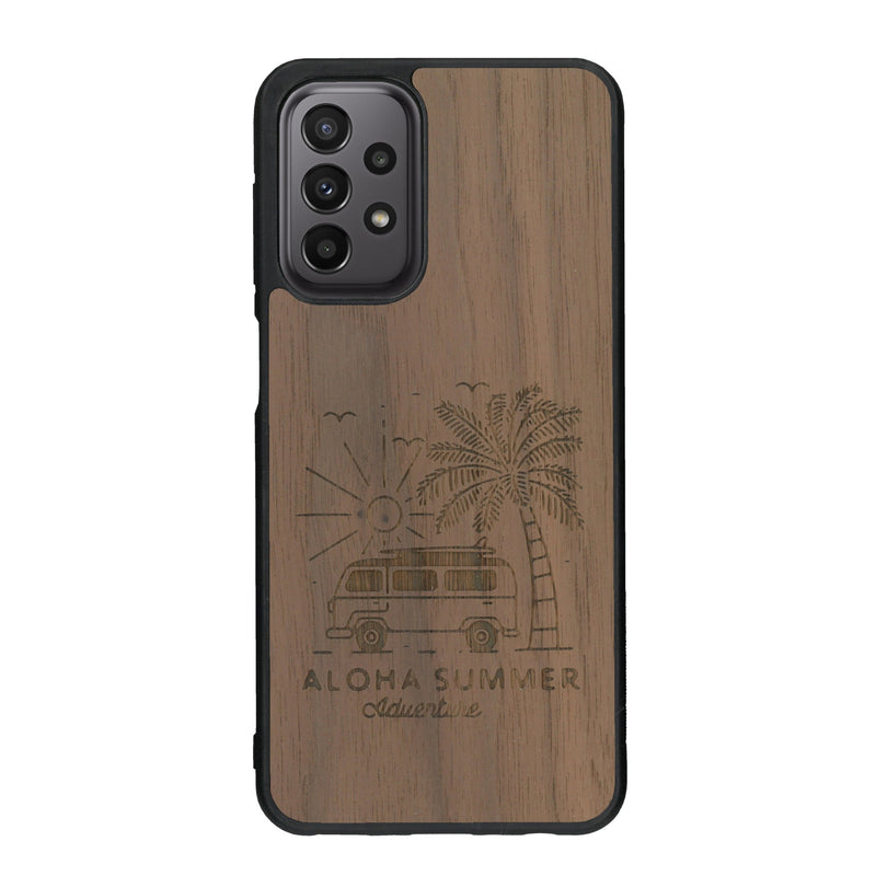 Coque de protection en bois véritable fabriquée en France pour Samsung A23 sur le thème de la plage, de l'été et vanlife.