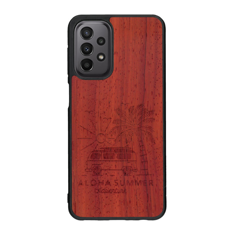 Coque de protection en bois véritable fabriquée en France pour Samsung A23 sur le thème de la plage, de l'été et vanlife.