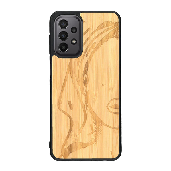 Coque de protection en bois véritable fabriquée en France pour Samsung A23 représentant une silhouette féminine épurée de type line art en collaboration avec l'artiste Maud Dabs