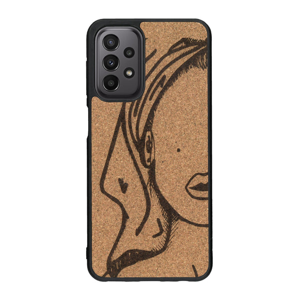 Coque de protection en bois véritable fabriquée en France pour Samsung A23 représentant une silhouette féminine épurée de type line art en collaboration avec l'artiste Maud Dabs