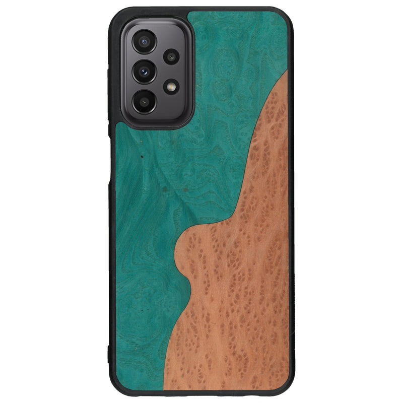 Coque de protection en bois véritable fabriquée en France pour Samsung A23 alliant plusieurs essences de bois pour représenter une plage paradisiaque