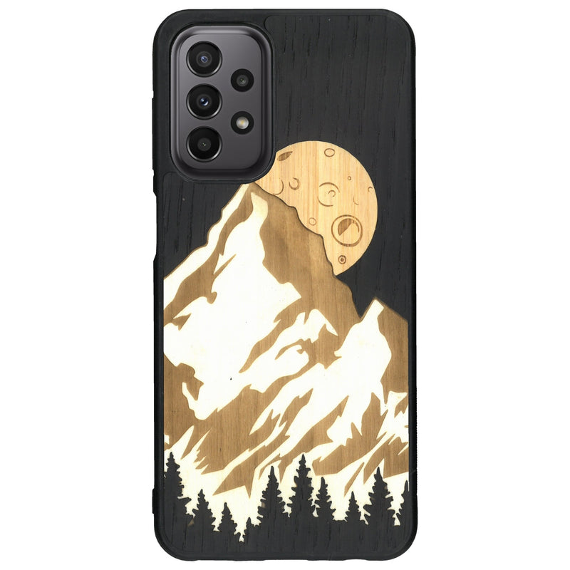 Coque de protection en bois véritable fabriquée en France pour Samsung A23 alliant plusieurs essences de bois pour représenter le mont Everest