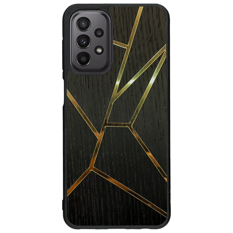 Coque de protection en bois véritable fabriquée en France pour Samsung A23 alliant plusieurs essences de bois pour représenter des fragments design