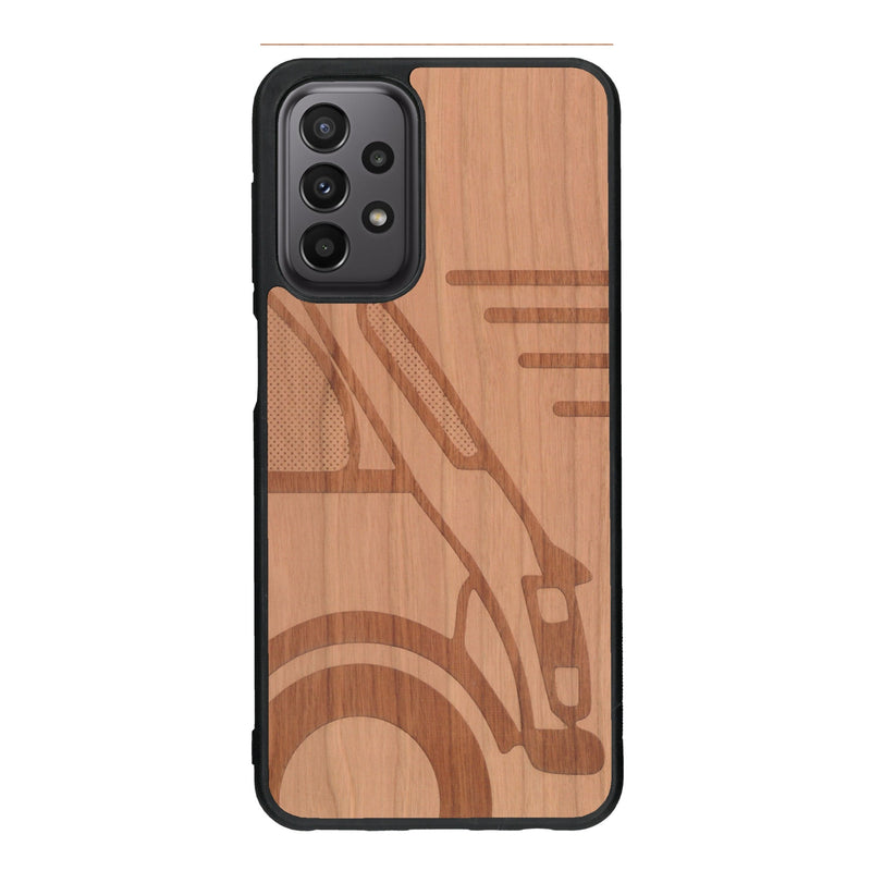 Coque de protection en bois véritable fabriquée en France pour Samsung A23 sur le thème de l'automobile avec une authentique Mini Cooper