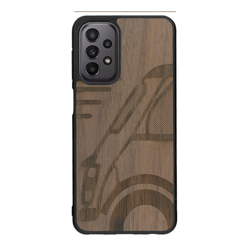 Coque de protection en bois véritable fabriquée en France pour Samsung A23 sur le thème de l'automobile avec une authentique Mini Cooper