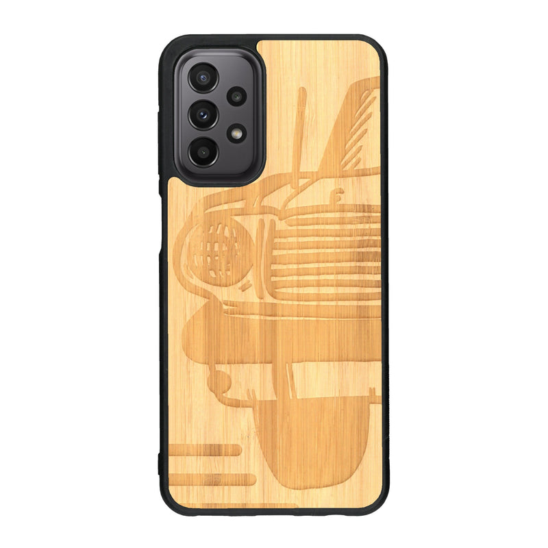 Coque de protection en bois véritable fabriquée en France pour Samsung A23 sur le thème de l'automobile avec une authentique Mustang