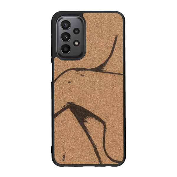 Coque de protection en bois véritable fabriquée en France pour Samsung A23 représentant une silhouette féminine dessinée à la main par l'artiste Maud Dabs