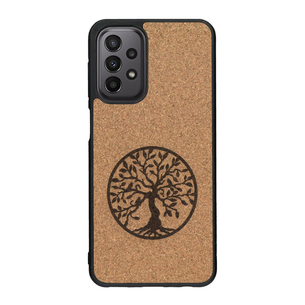 Coque de protection en bois véritable fabriquée en France pour Samsung A23 sur le thème de la spiritualité et du yoga avec une gravure zen représentant un arbre de vie