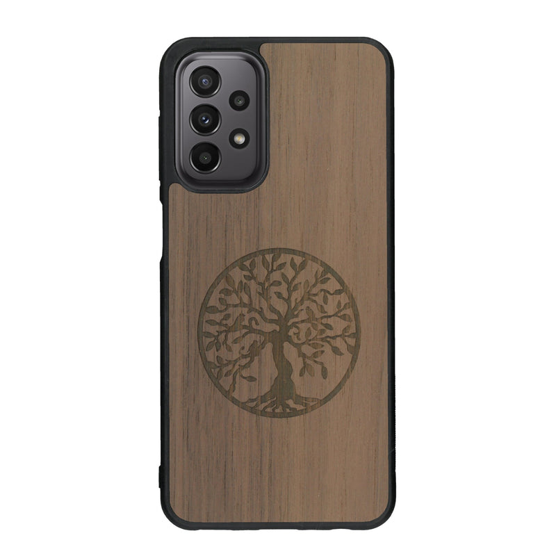 Coque de protection en bois véritable fabriquée en France pour Samsung A23 sur le thème de la spiritualité et du yoga avec une gravure zen représentant un arbre de vie