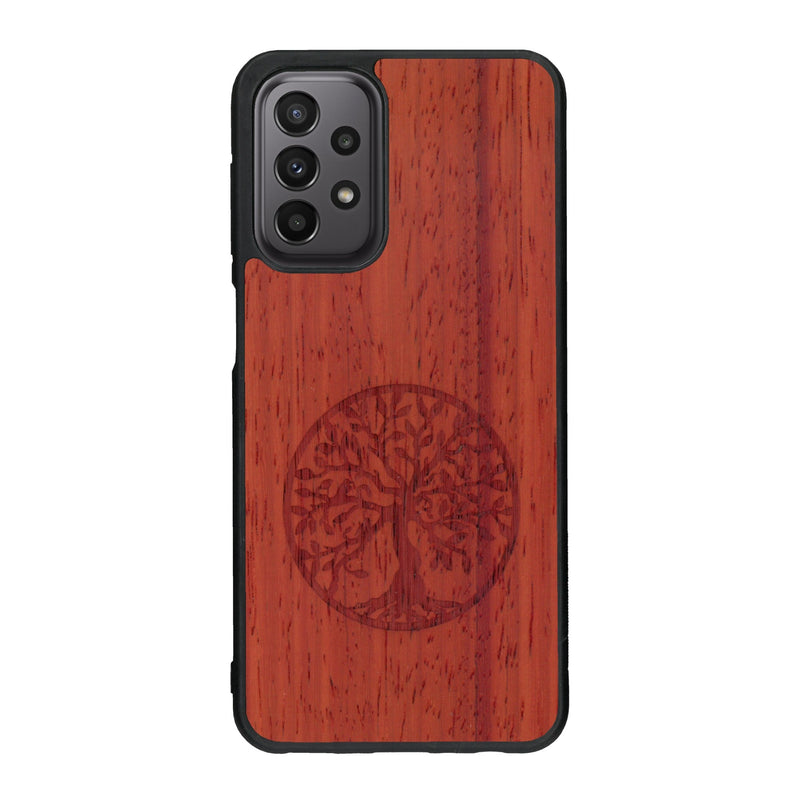 Coque de protection en bois véritable fabriquée en France pour Samsung A23 sur le thème de la spiritualité et du yoga avec une gravure zen représentant un arbre de vie