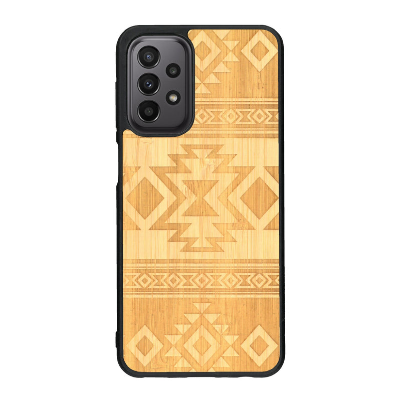 Coque de protection en bois véritable fabriquée en France pour Samsung A23 avec des motifs géométriques s'inspirant des temples aztèques, mayas et incas