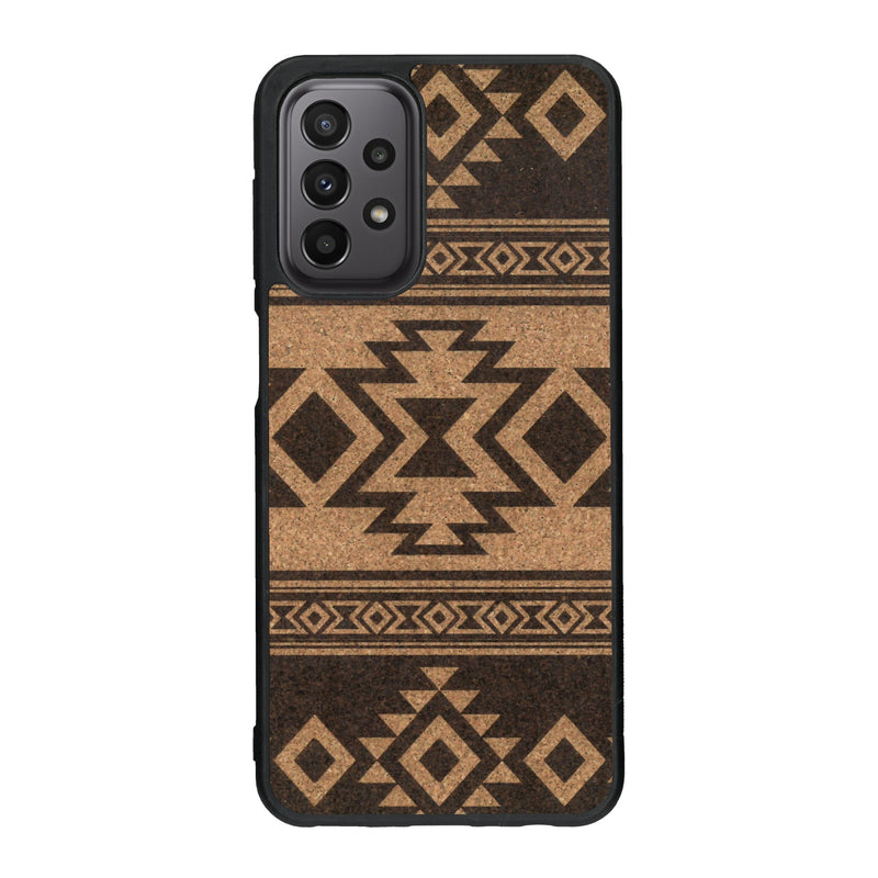 Coque de protection en bois véritable fabriquée en France pour Samsung A23 avec des motifs géométriques s'inspirant des temples aztèques, mayas et incas