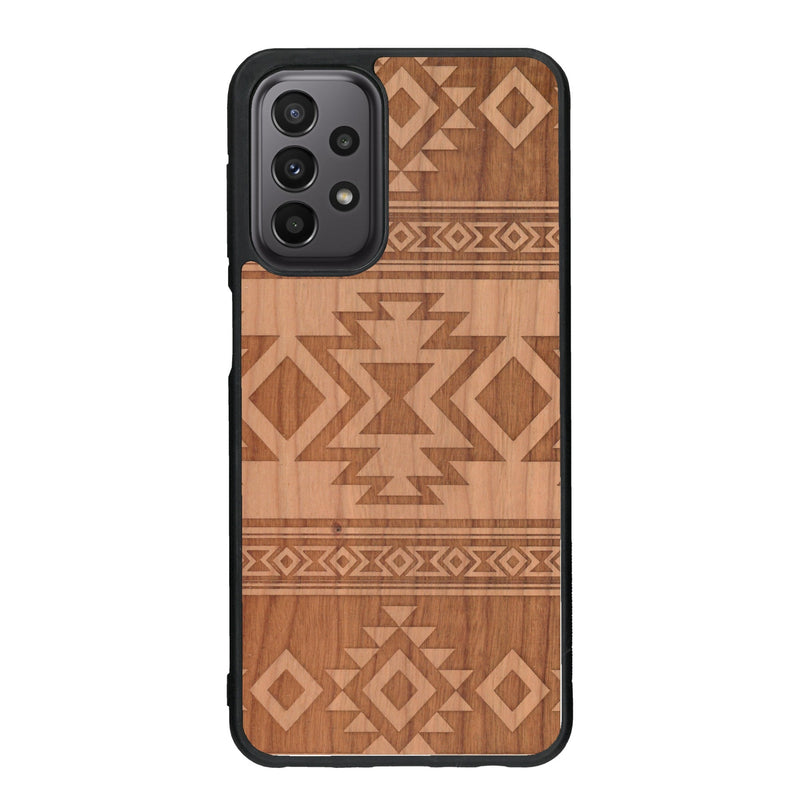 Coque de protection en bois véritable fabriquée en France pour Samsung A23 avec des motifs géométriques s'inspirant des temples aztèques, mayas et incas