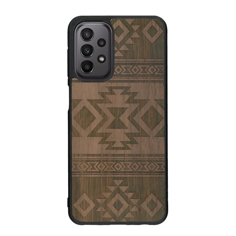 Coque de protection en bois véritable fabriquée en France pour Samsung A23 avec des motifs géométriques s'inspirant des temples aztèques, mayas et incas