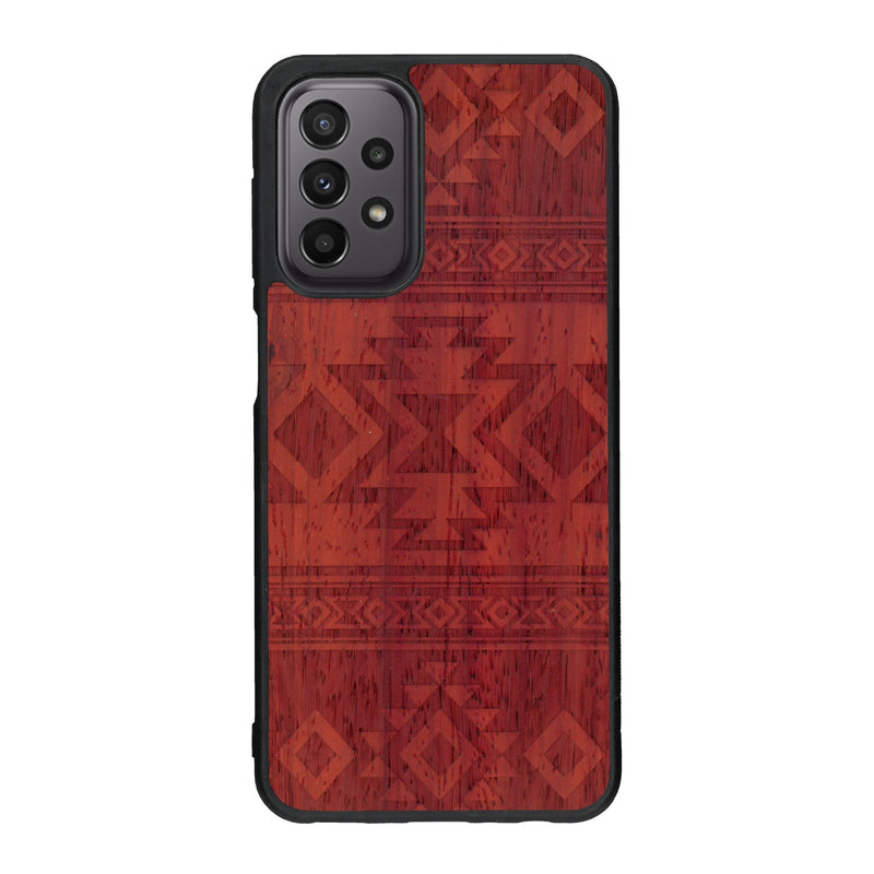 Coque de protection en bois véritable fabriquée en France pour Samsung A23 avec des motifs géométriques s'inspirant des temples aztèques, mayas et incas