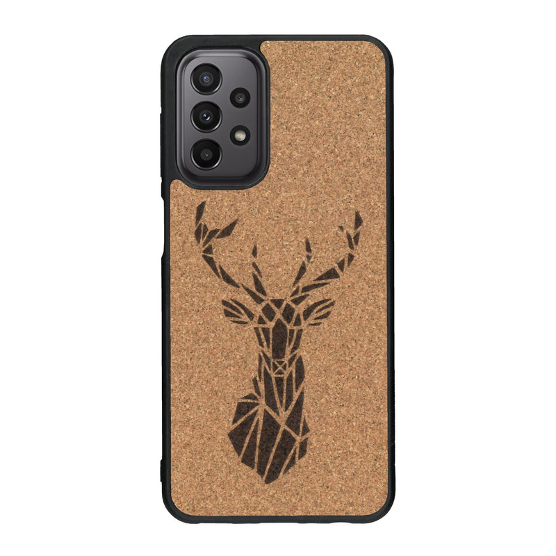 Coque de protection en bois véritable fabriquée en France pour Samsung A23 sur le thème de la nature et des animaux représentant une tête de cerf gométrique avec un design moderne et minimaliste