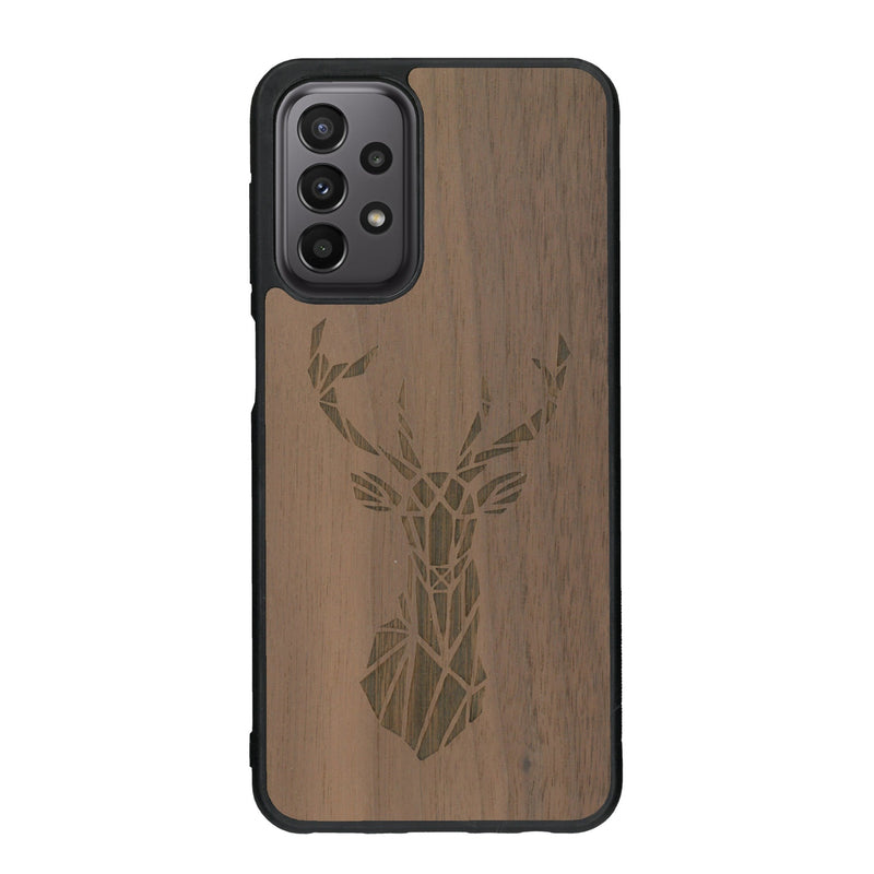 Coque de protection en bois véritable fabriquée en France pour Samsung A23 sur le thème de la nature et des animaux représentant une tête de cerf gométrique avec un design moderne et minimaliste