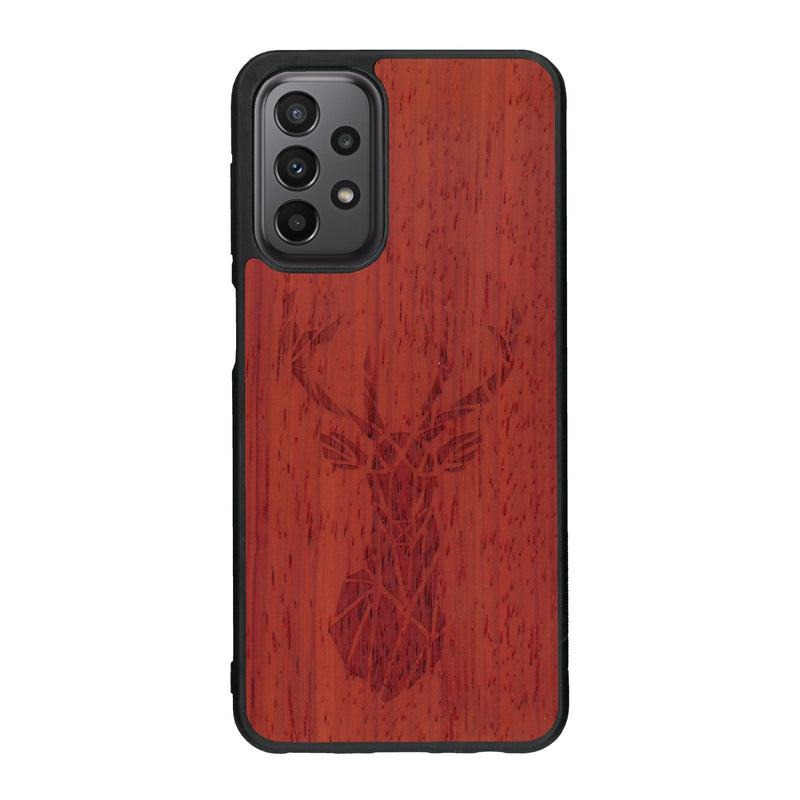 Coque de protection en bois véritable fabriquée en France pour Samsung A23 sur le thème de la nature et des animaux représentant une tête de cerf gométrique avec un design moderne et minimaliste