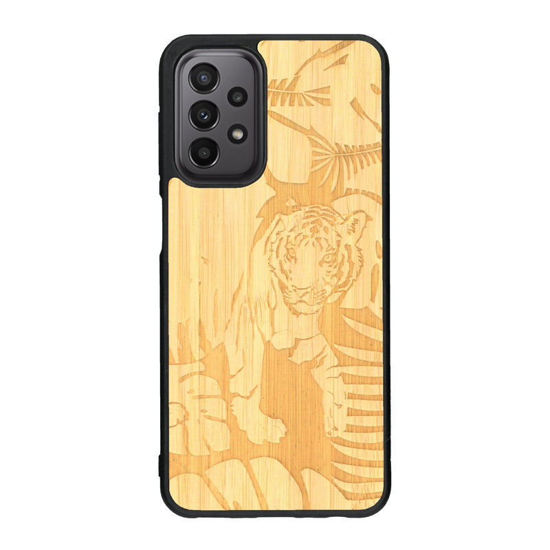 Coque de protection en bois véritable fabriquée en France pour Samsung A23 sur le thème de la nature et des animaux représentant un tigre dans la jungle entre des fougères