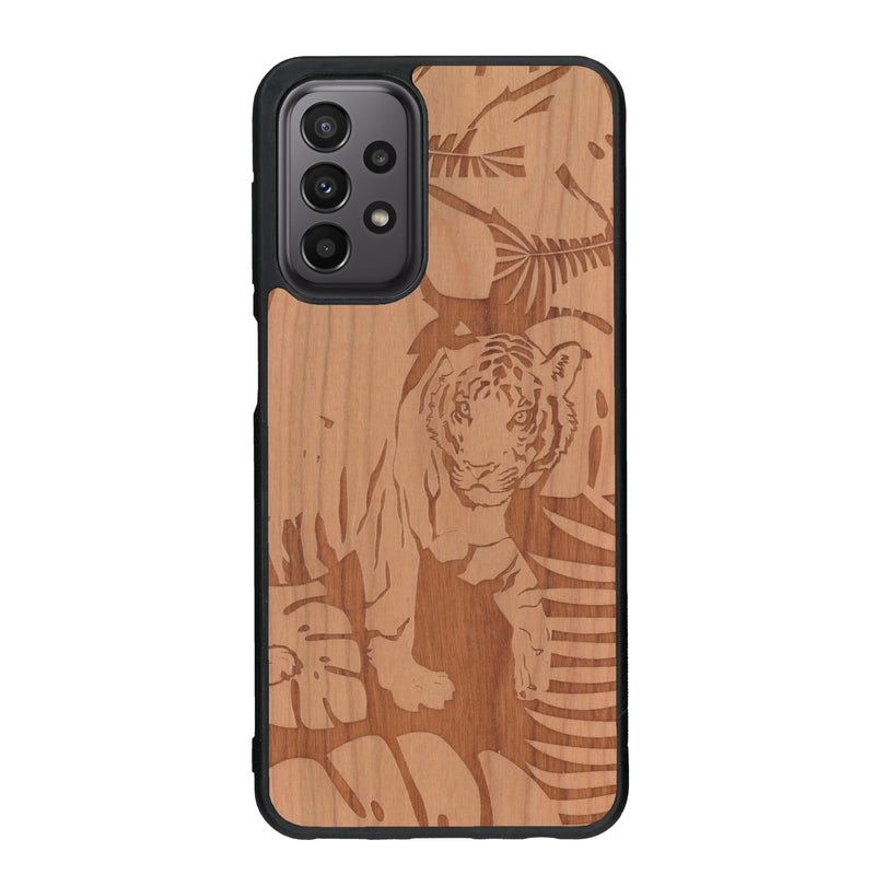 Coque de protection en bois véritable fabriquée en France pour Samsung A23 sur le thème de la nature et des animaux représentant un tigre dans la jungle entre des fougères