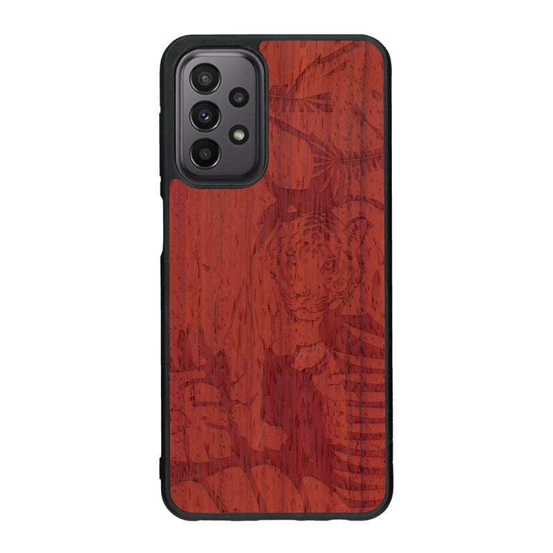 Coque de protection en bois véritable fabriquée en France pour Samsung A23 sur le thème de la nature et des animaux représentant un tigre dans la jungle entre des fougères