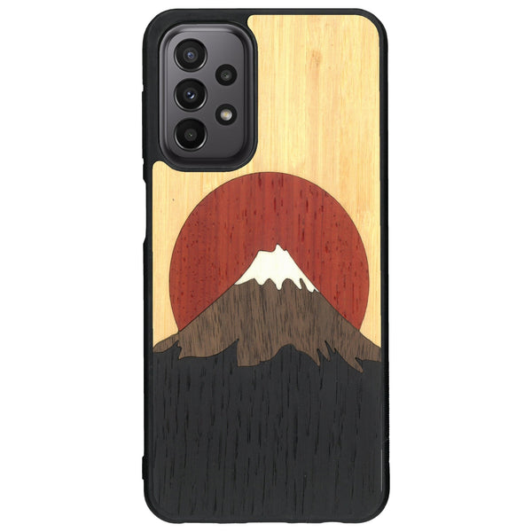 Coque de protection en bois véritable fabriquée en France pour Samsung A23 alliant plusieurs essences de bois pour représenter le mont Fuji